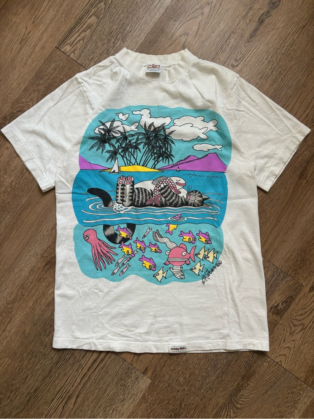 Vintage Crazy Shirts Hawaii B Kliban Floating Cat Ocean Double Sided T-Shirt